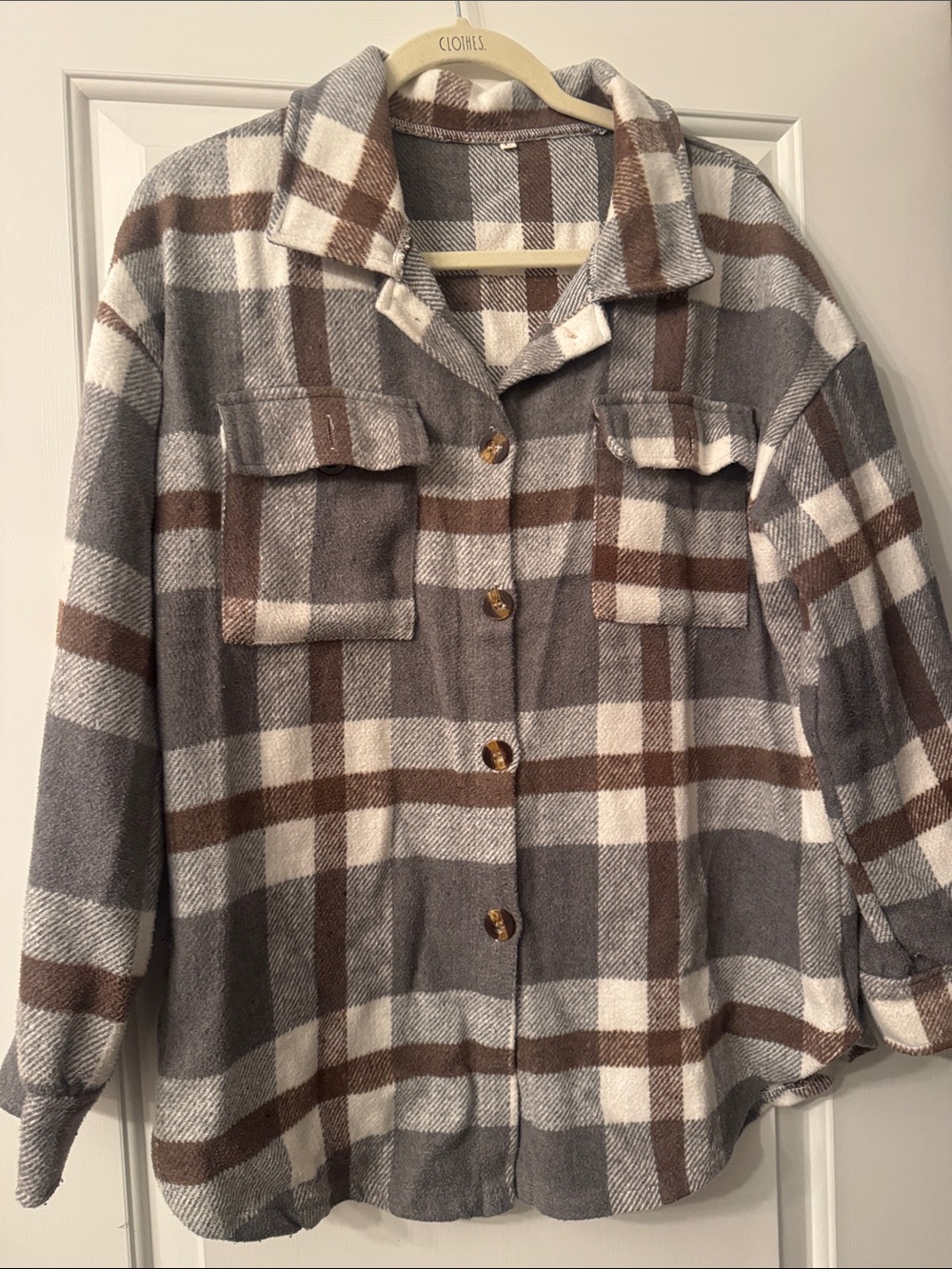 Amazon Plaid Utility Shacket in Gray, Brown & Cream